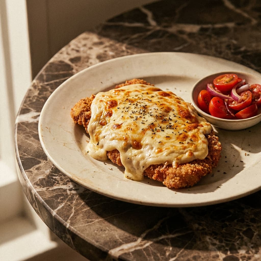 Parmo Classico — paniertes Schnitzel unter Béchamel und überbackenem Käse mit Tomatensalat
