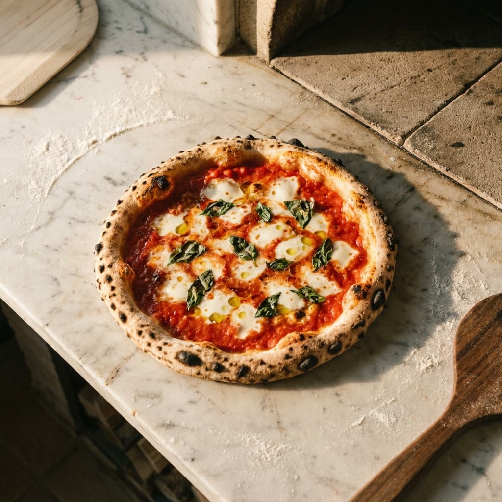 Pizza Margherita aus dem Holz-Steinofen mit San-Marzano-Tomate, Mozzarella und Basilikum