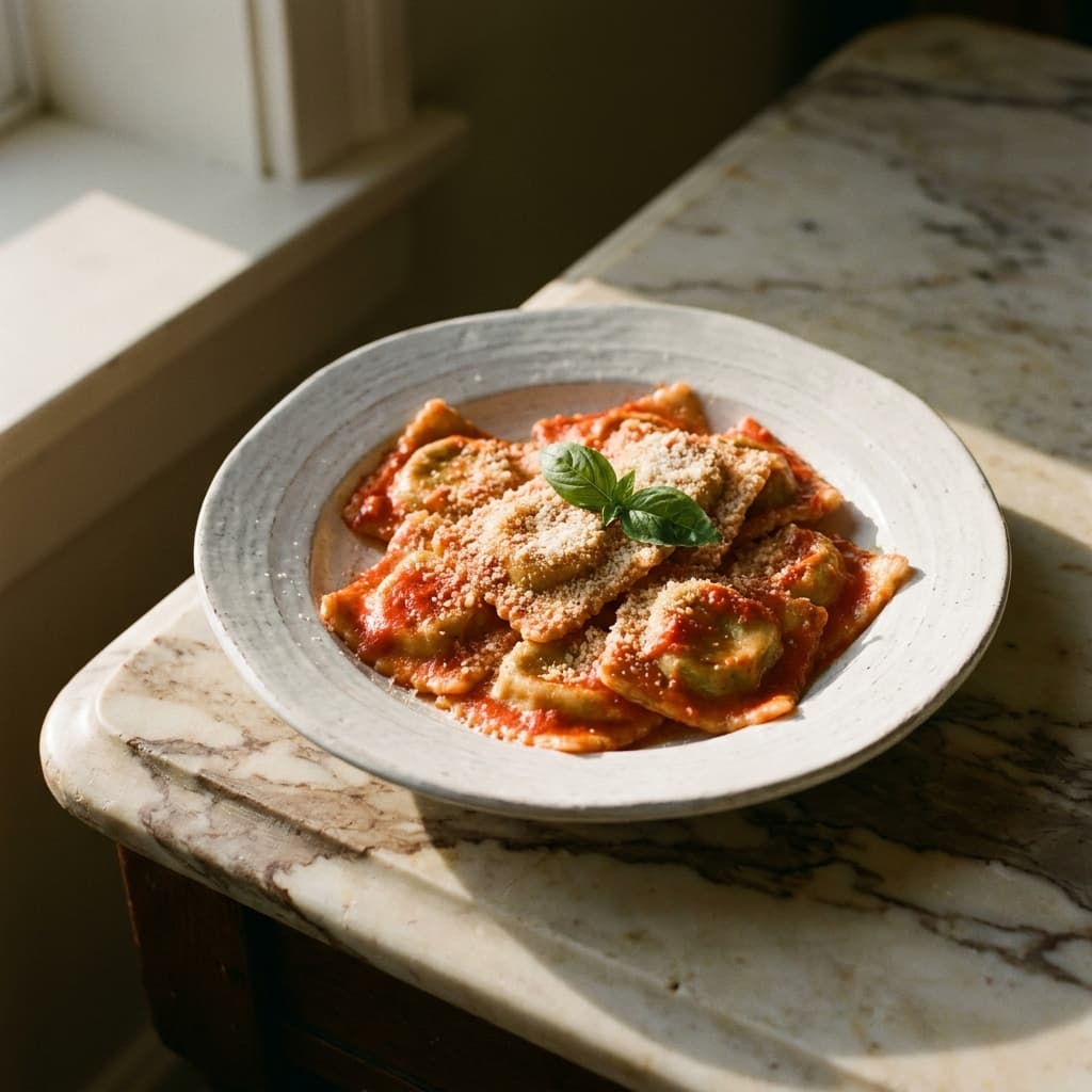 Hausgemachte Ravioli Ricotta e Spinaci in Tomatensugo