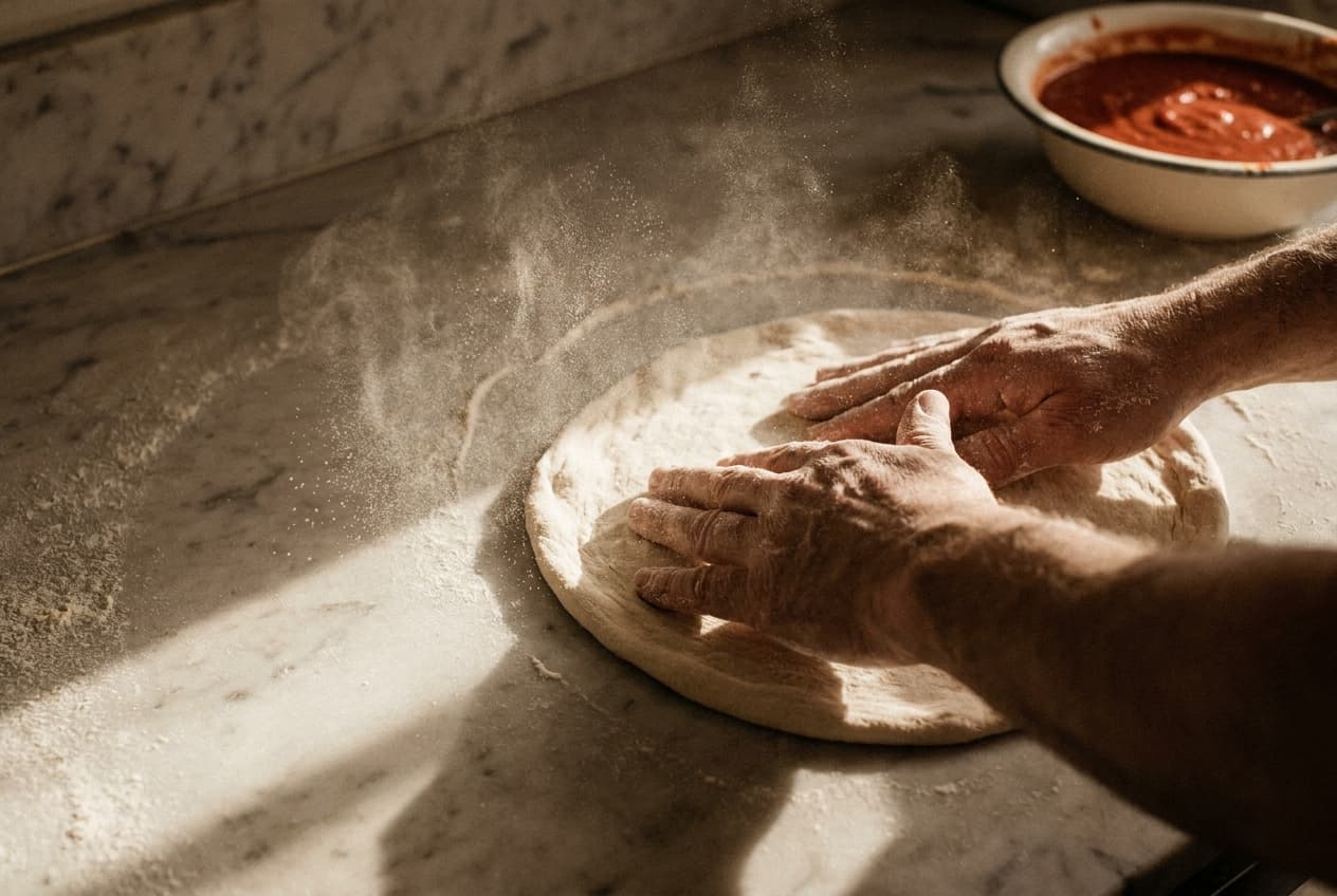 Hände formen frischen Pizzateig mit Mehlstaub
