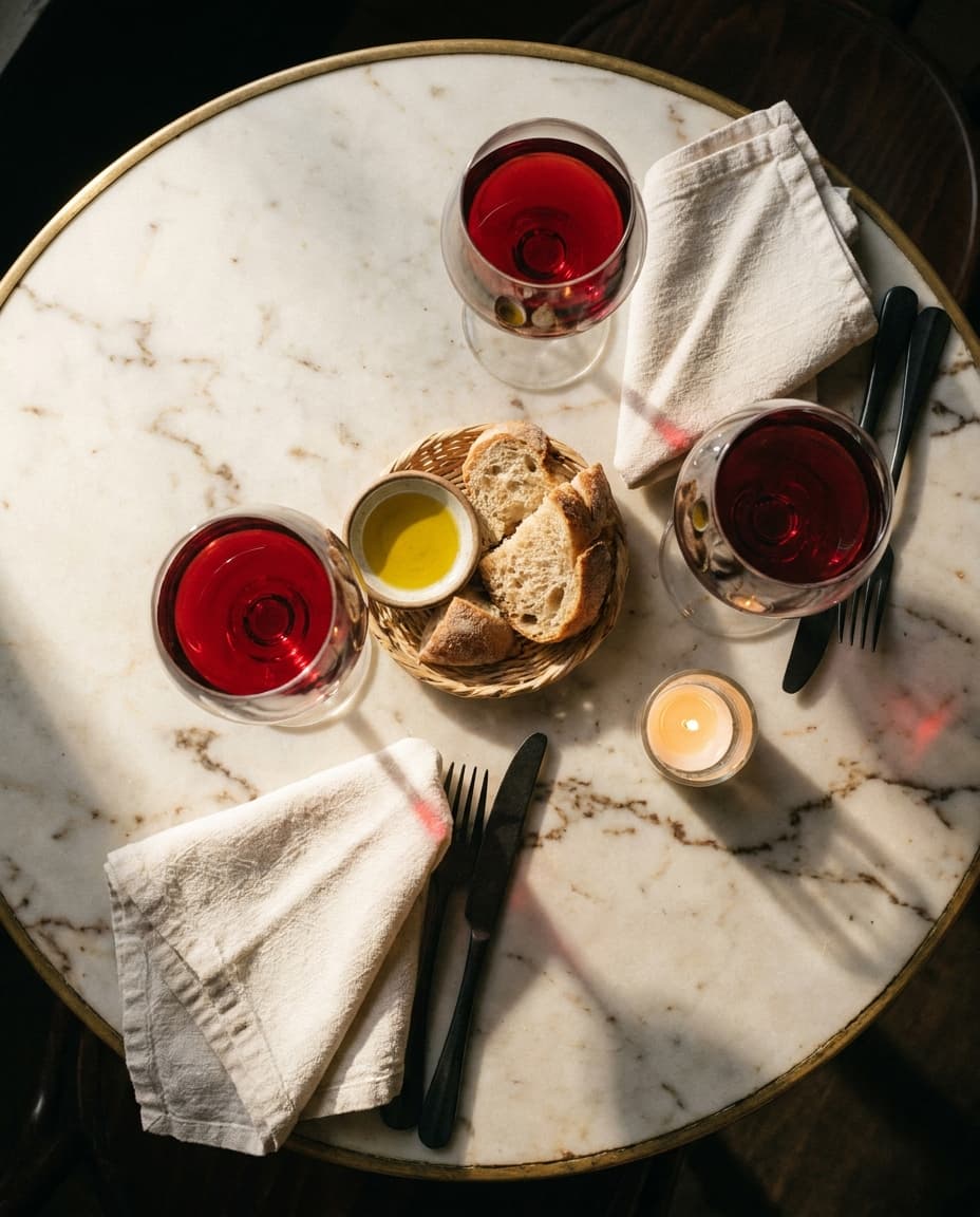 Gedeckter Tisch mit Wein und Brot
