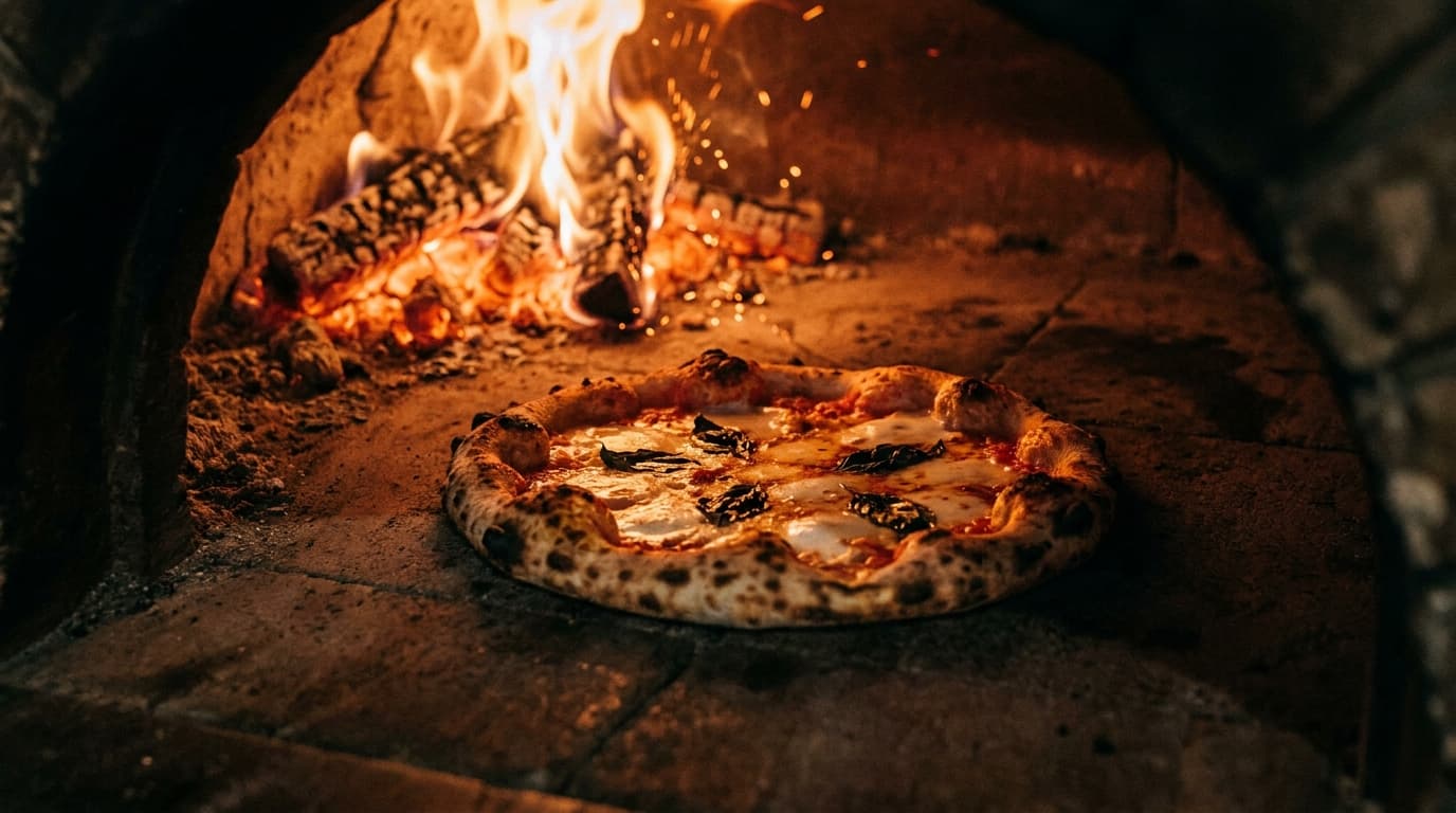 Pizza im brennenden Holz-Steinofen
