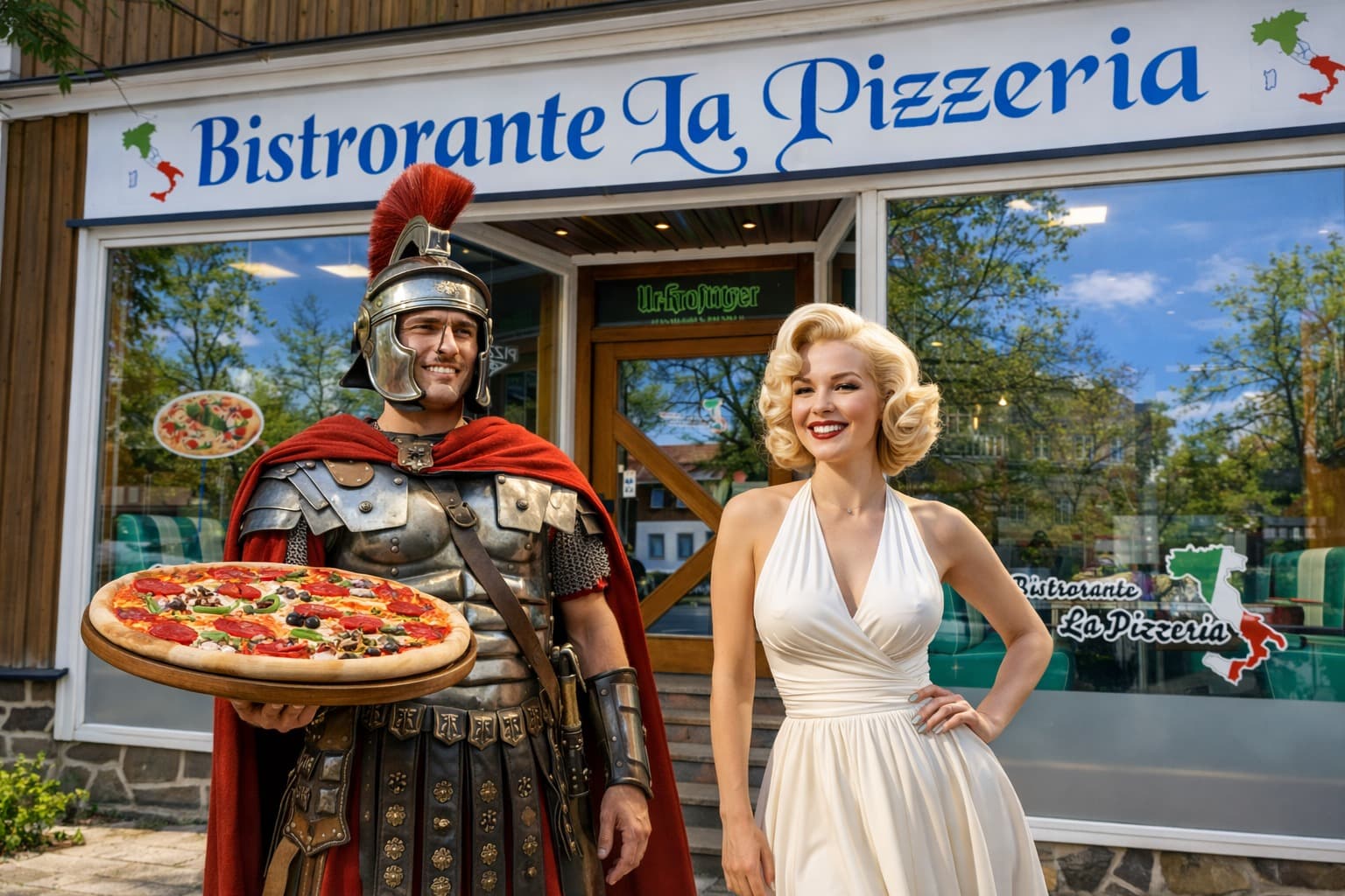 Bistrorante La Pizzeria am Markt 9 in Hasselfelde — Ladenfront mit römischem Legionär und Pizza-Platte